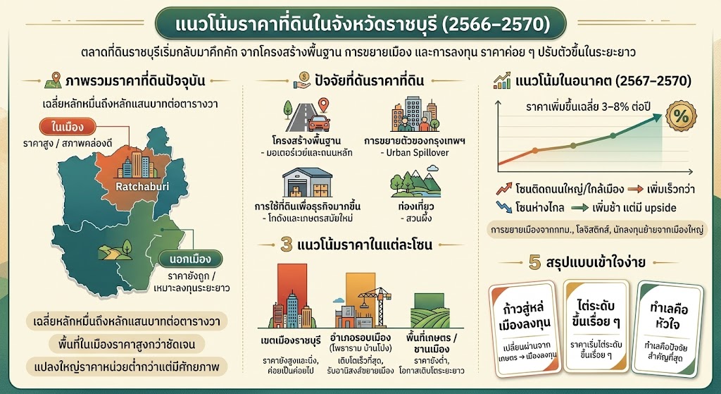 อินโฟกราฟิกสรุปแนวโน้มราคาที่ดินในจังหวัดราชบุรี ปี 2566–2570